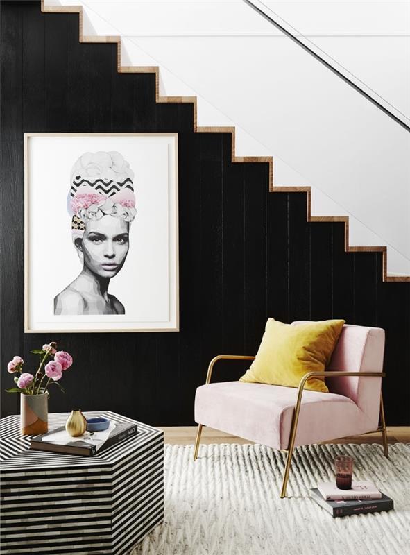 idé hur man dekorerar utrymmet under trappan, modern trappa modell vita och trästeg, snygg feminin inredning i svartvitt och rosa och gula accenter
