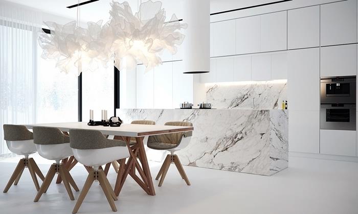 biela kuchynský dizajn nápady moderného interiéru otvorený plán kuchyňa jedáleň sivá a biela kuchynský ostrov