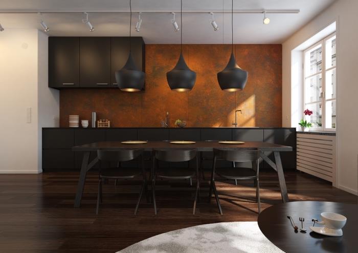 dlhé rozloženie kuchyne, moderný čiernobiely kuchynský dekor s kovovým obkladom textúry steny