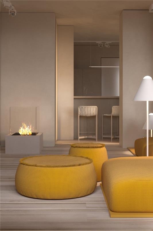färgerna som går ihop, modernt vardagsrum med elegant design, beige eller grå nyansväggfärg med gula dekorativa föremål