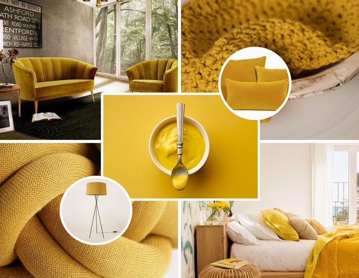 dekoratívny trend 2019 s predmetmi alebo žltou farbou, horčicová farba v dekore, model pohovky zo žltého zamatu a dreva