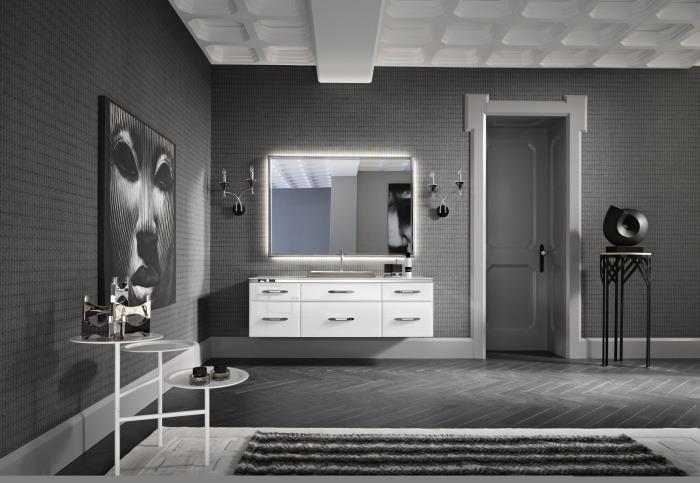 vitt skåpskåp och svart runt bord som en idé vilken färg man ska associera med grått i vardagsrummet eller badrummet