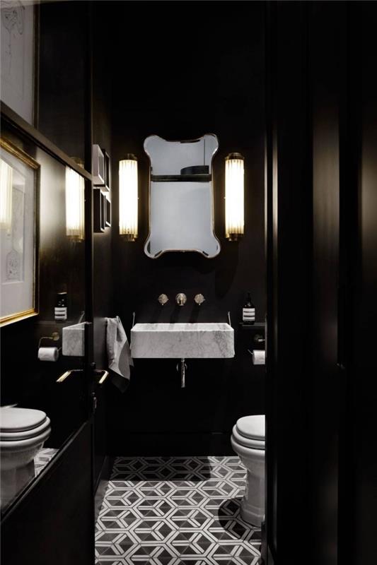 moderný nápad na toaletnú dlažbu s geometrickými vzormi v bielej a čiernej farbe, moderný model toalety s tmavými stenami