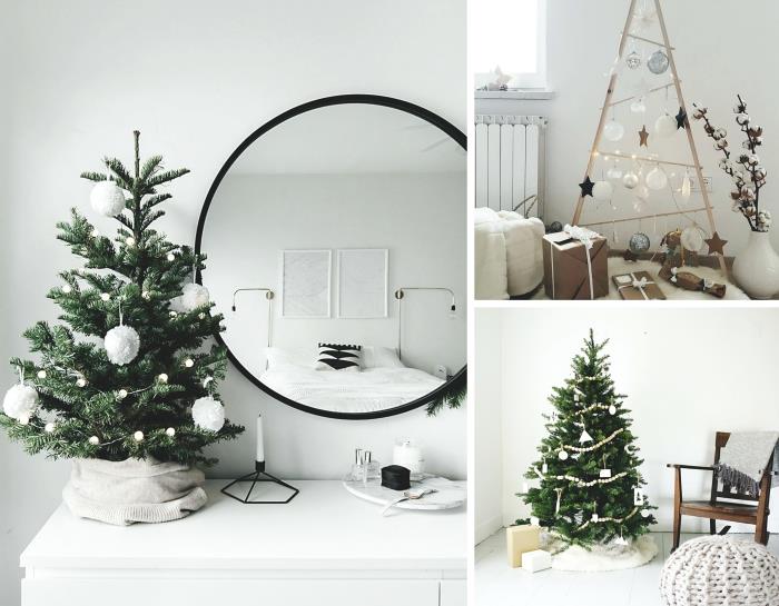 DIY julgran i trä gjord med trekantiga träpinnar, skandinavisk dekoration till jul med vita pom poms