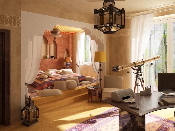 ako vyzdobiť izbu v orientálnom štýle etnickými predmetmi, napríklad nástenné čelo postele s úložnými priestormi
