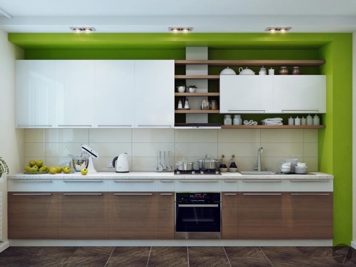فكرة تخطيط المطبخ في الطول وديكور مطبخ أبيض مع أثاث خشبي داكن وطلاء يانسون أخضر