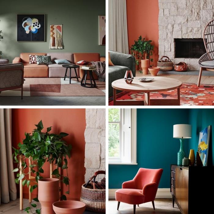 interiérový dizajn ako kombinovať terakotovú farbu v zelenej výzdobe obývačky s terakotovými akcentmi trendovou terakotovou farbou na stenu
