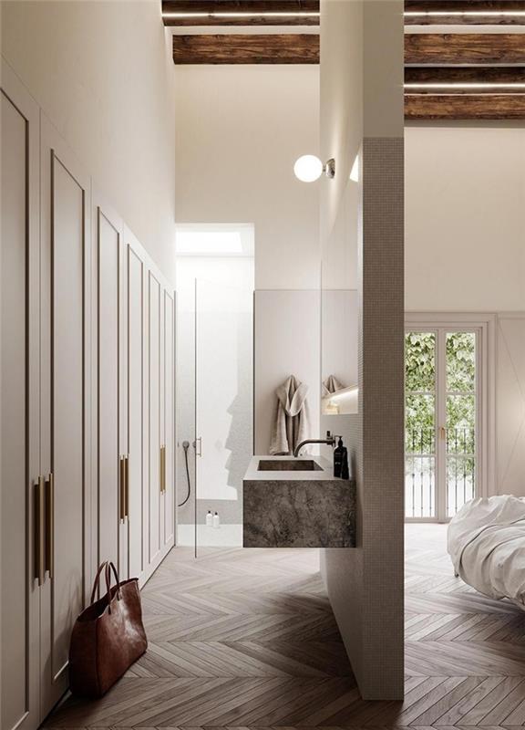interiérový dizajn spálňa so šatňou a kúpeľňou svetlý drevený parketový strop s zrkadlami z tmavých drevených trámov