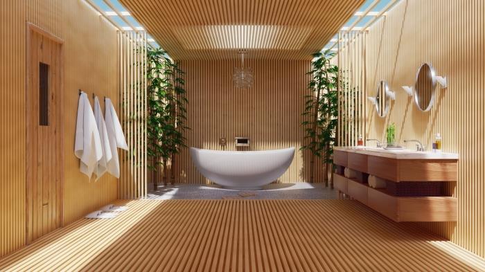 priestranné usporiadanie kúpeľne s dvojitým umývadlom a vaňou, dizajn kúpeľne Zen a relax v dreve a bielej farbe