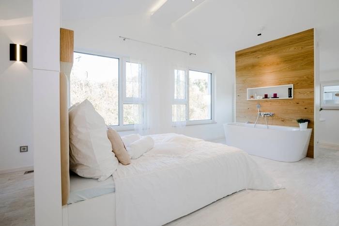 interiérový dizajn spálne v minimalistickom štýle s kúpeľňou v bielej a drevenej vaňovej úložnej nike
