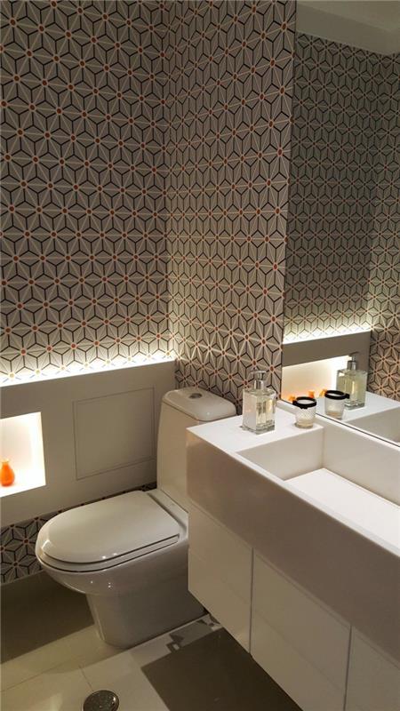 moderný dekor toalety so stenami oblečený v neutrálnych farbách, tapety, grafické vzory, moderný dizajn toaliet
