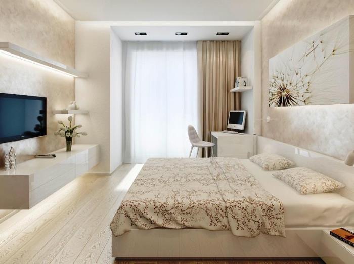 ecru färg på väggarna med vit horisontell förvaring, sovrum med hörn för hemmakontor