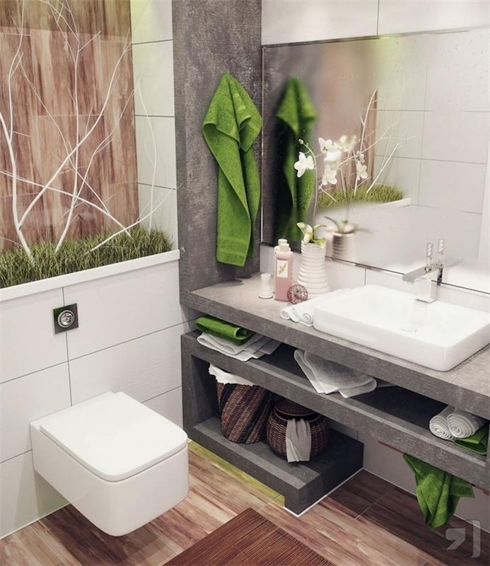 malá prírodná dispozícia kúpeľne s betónovou skrinkou, bielym umývadlom, veľkým zrkadlom a prírodnou inštaláciou
