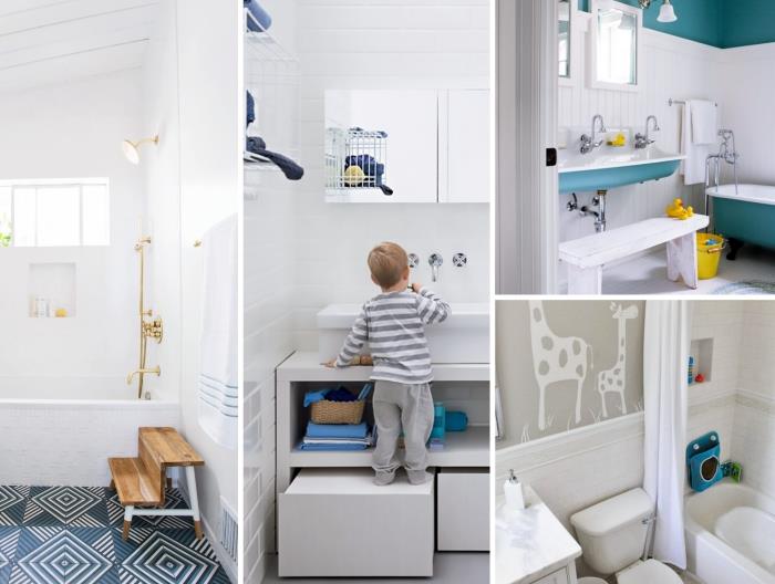 minimalistiskt deco -badrum för barn, litet badrum med badkar och handfat i pastellblå färg