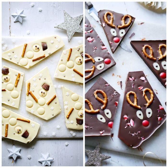 vianočný dezert domáca čokoládová tyčinka mliečna čokoláda a biela čokoláda s praclíkmi a cukríkmi detský dezert nápad