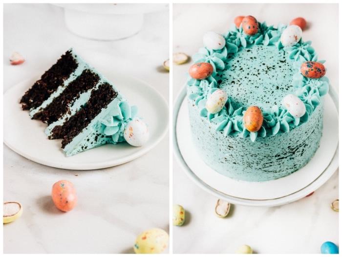 lätt choklad påsk tårta täckt med mintgrönt vatten fläckig frosting med en vacker dekoration av små chokladägg