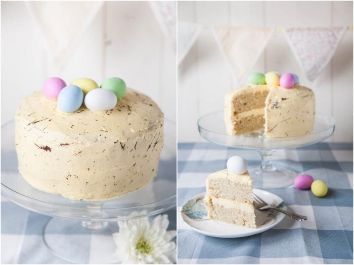 snabb och enkel påsktårta, mjukt vegansk vaniljcitronrecept toppat med pastellfärgade tonade påskägg