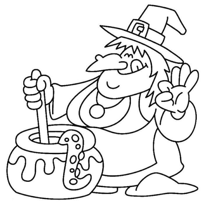 enkel teckning av en söt häxa som lagar en trolldryck för att färga för halloween