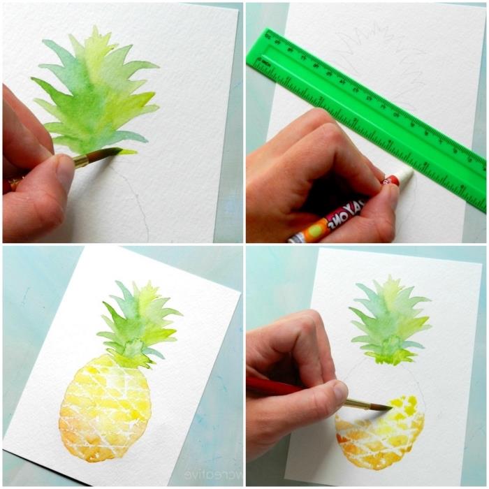 lära sig akvarellmålning med enkla och lätt att reproducera ämnen, ananas målad i akvarell med några penseldrag