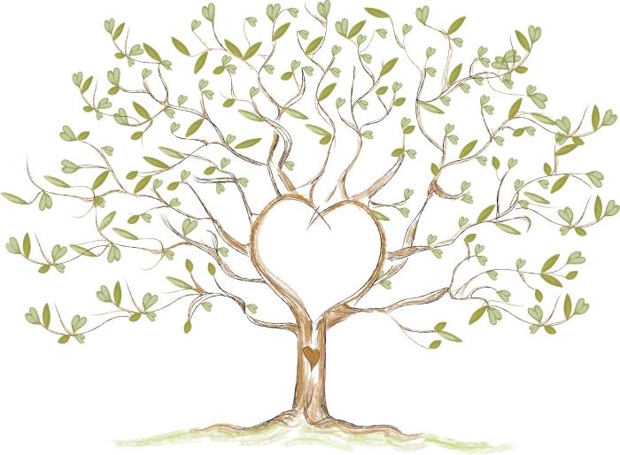 فكرة اختيار شجرة بصمة زفاف بأوراق وأغصان خضراء صغيرة على شكل قلب كبير رمز لحب المتزوجين