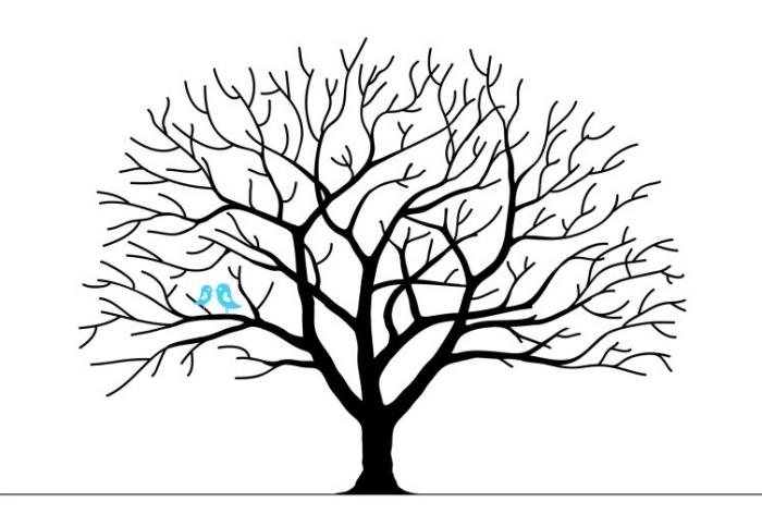 شجرة البصمة للزفاف ، رسم شجرة سوداء بفروع وبدون أوراق الشجر مع طيور زرقاء ترمز إلى الحب