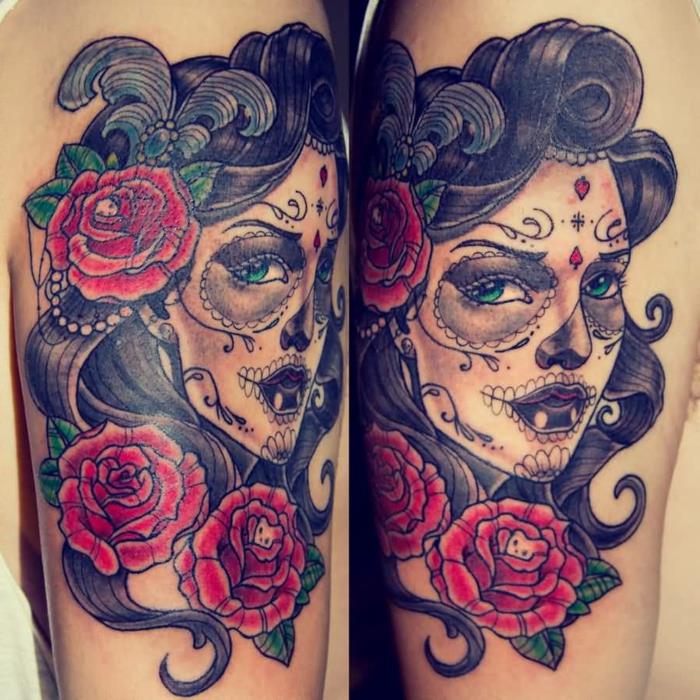 farebná kresba, tetovanie na výšku ženy, žena v Španielsku a červené ruže
