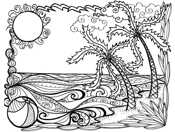 الصيف رسم المناظر الطبيعية الشمس تكمن غريب شجرة النخيل موجة المحيط رسم أنماط ماندالا فن التأمل مكافحة الإجهاد تلوين الكبار