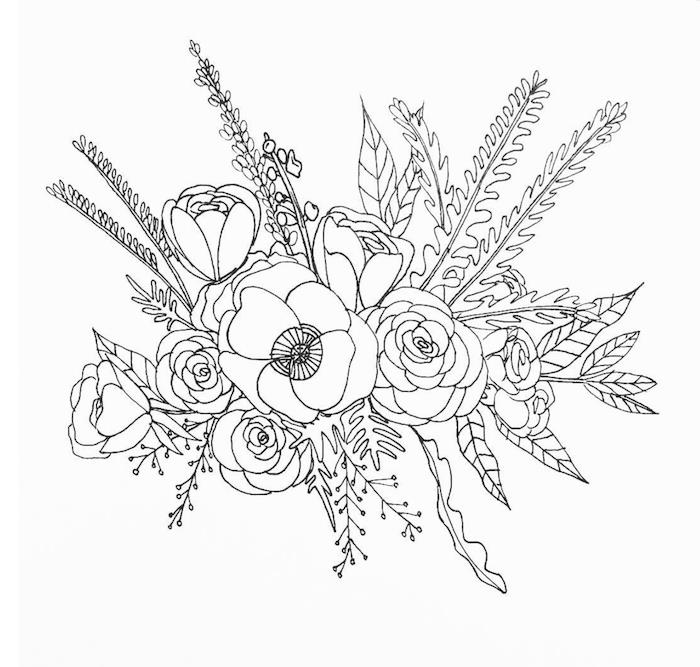 Aranžovanie kvetov na kreslenie ruže, naučte sa kresliť jednoducho čiernobielu schematickú kresbu