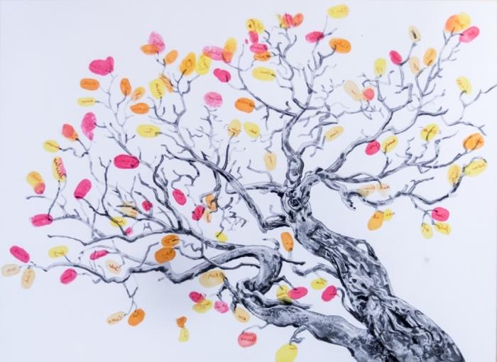 رسم سهل لتقوم به بنفسك مع شجرة عذراء مع أوراق الشجر بحبر بصمة ملون