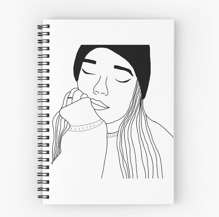 رسم جميل بسيط لفتاة الرسم مع قبعة سوداء شعر ناعم وسترة كبيرة مريحة