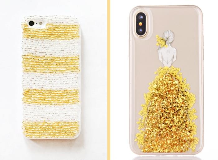 idé att göra ett feminint telefonfodral i vitt och guld, design tryckt med gyllene strass limmade på ett genomskinligt skal