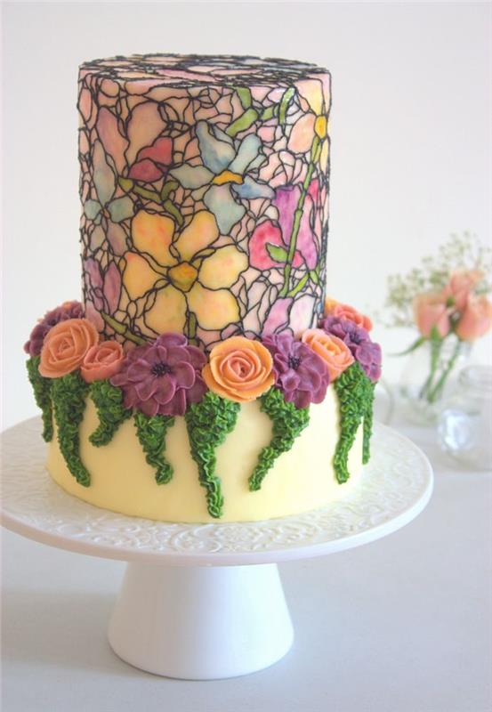 ritning av blommor på en kaka och bas i mosaikstil dekorerad med smörkrämblommor med gräddeväxtmotiv