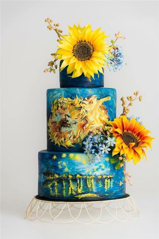 färska solrosor blommor att dekorera en stjärnklar nattkaka och van gogh solrosor, kreativa och konstnärliga tårta dekorera idéer