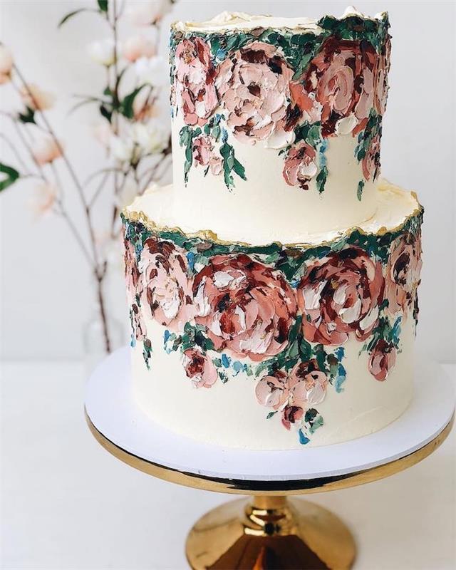 tårta idé vacker vit tårta dekorerad med abstrakt smörkräm blommor, abstrakt design på tårta