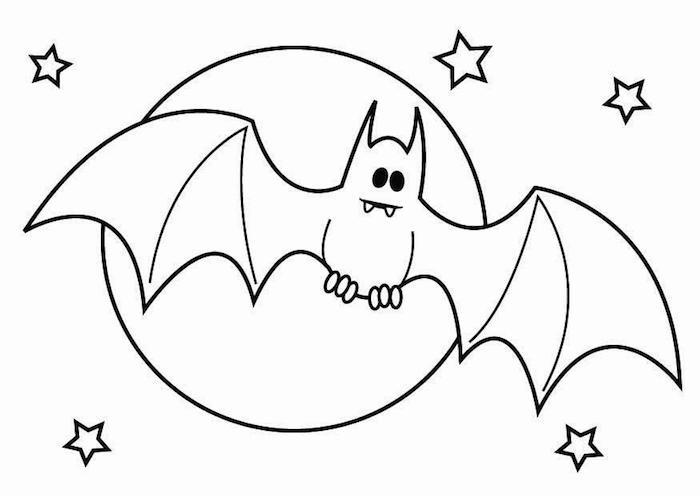 Halloween målarbok söt fladdermus som flyger på himlen med fullmåne och stjärnor