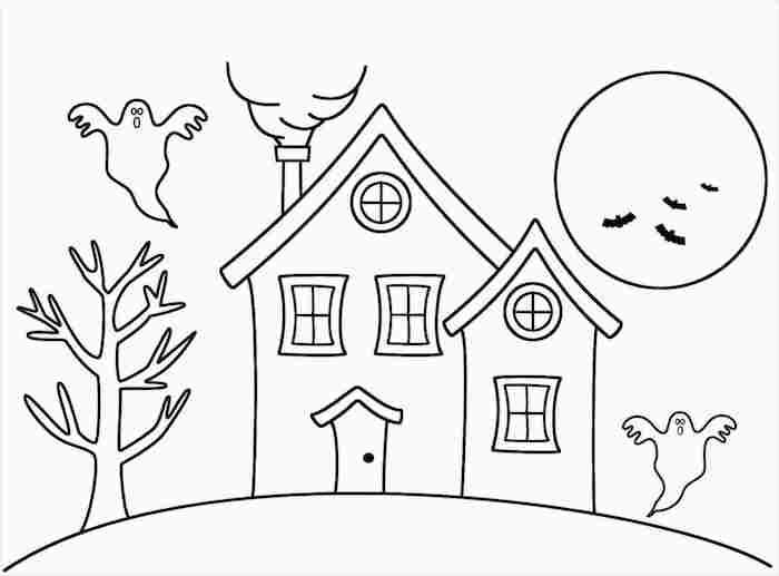 ritning för att spåras halloween landskap spökhus med fladdermus spöken och fullmåne till färg