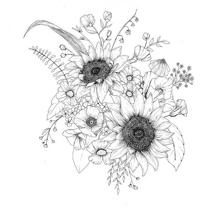 Slnečnicové kvetinové usporiadanie vidieckych kvetov, kresba sa ľahko reprodukuje po kvetoch, naučte sa kresliť ľahko