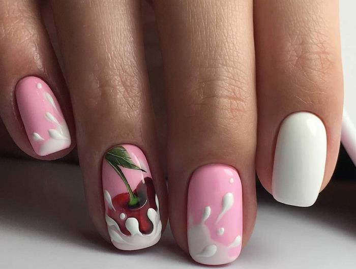 fyrkantiga naglar, vitt stänk på rosa naglar, körsbär, realistisk nageldesign