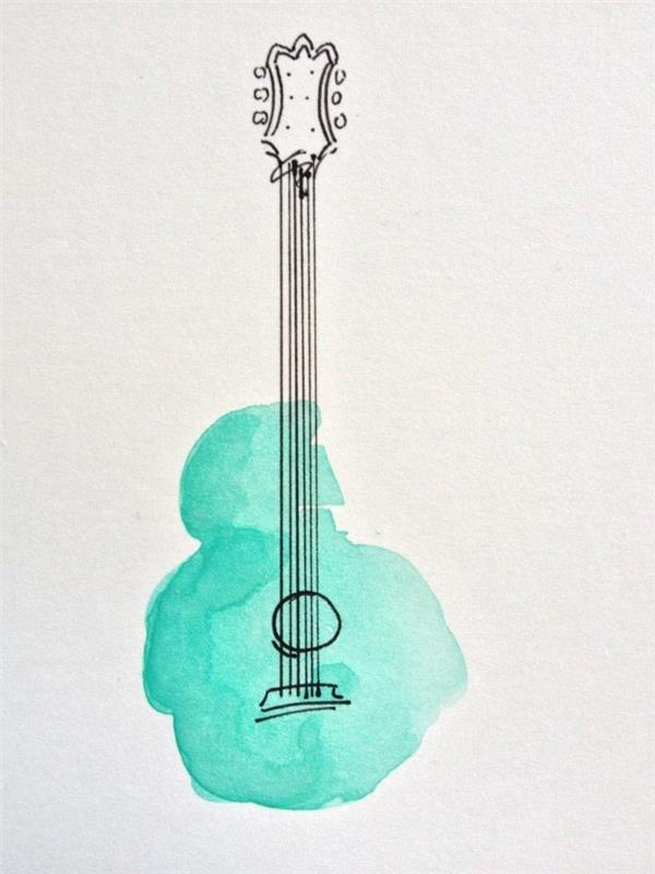 akvarellritning som kombinerar två målningstekniker, minimalistisk ritning av en gitarr i tuschpenna färgad i akvarell