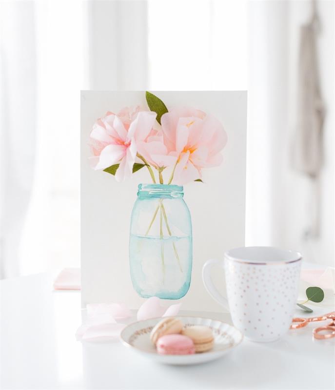 3D blomma vas ritning gåva med rosa silkespapper blomma kronblad, DIY fru födelsedagspresent