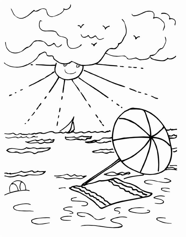 رسم للصبي التوضيح سهل تلوين مظلة الشاطئ الرمال منشفة موجة البحر الشمس الغيوم الطيور المناظر الطبيعية عطلة