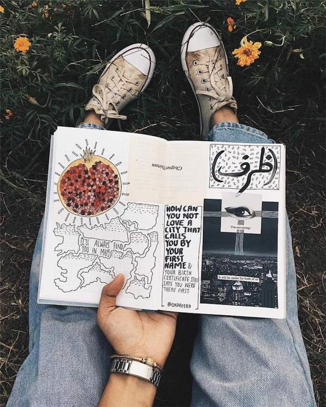 Skissbok fylld med collage, foton och citat, hur man gör en bok, omslag till resedagbok