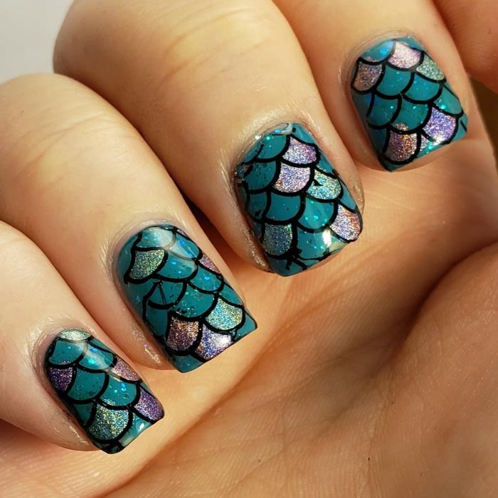 sjöjungfrun nagelkonst naglar, blå, lila, turkos och svarta manikyrfärger
