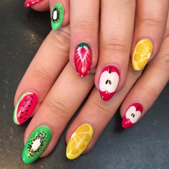 fruktig manikyr, naglar dekorerade med frukt, vitamin nagelkonstidé, fruktmönster på naglarna