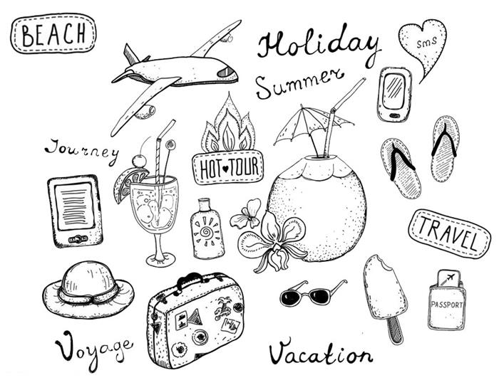 رسم عطلة الصيف السفر الطائرة قبعة الشمس كوكتيل مغامرة موسم الصيف زحافات الآيس كريم النظارات الشمسية جواز السفر التوضيح