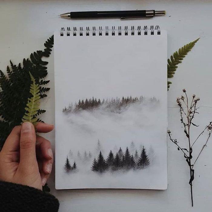 Enkel idé som att rita snöiga träd, göra bladstencil, enkel och vacker ritning, vårlandskap bild