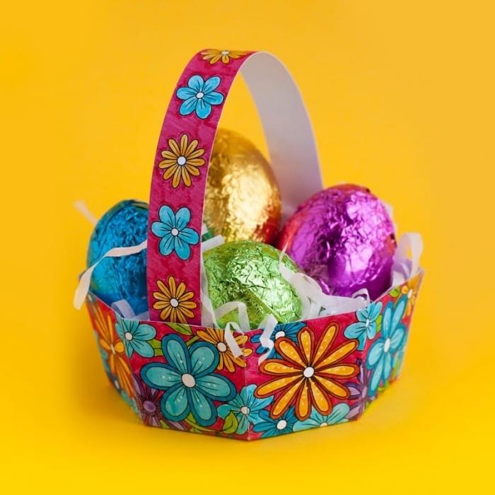 urob si kutilský veľkonočný kôš, vyrob si hniezdo pre papierové vajíčka, šablónu papierového košíka s kvetinovým vzorom