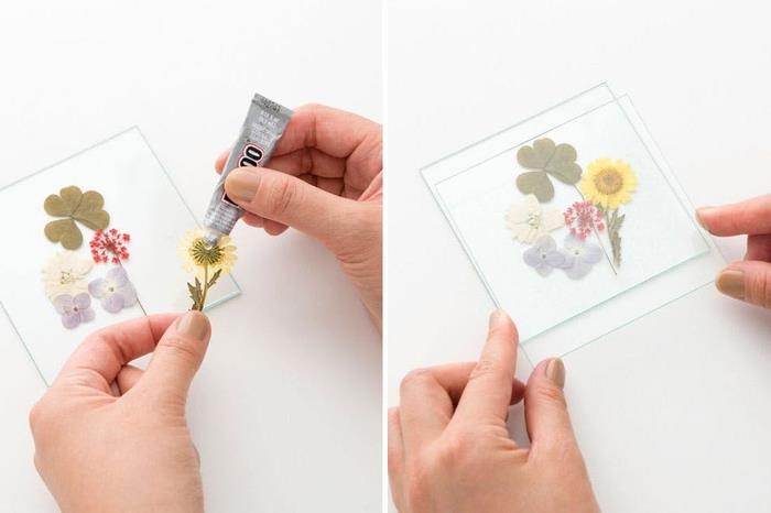 idé för en DIY mors dag på ett herbarietema, originalglasunderlägg och minipressade blommor