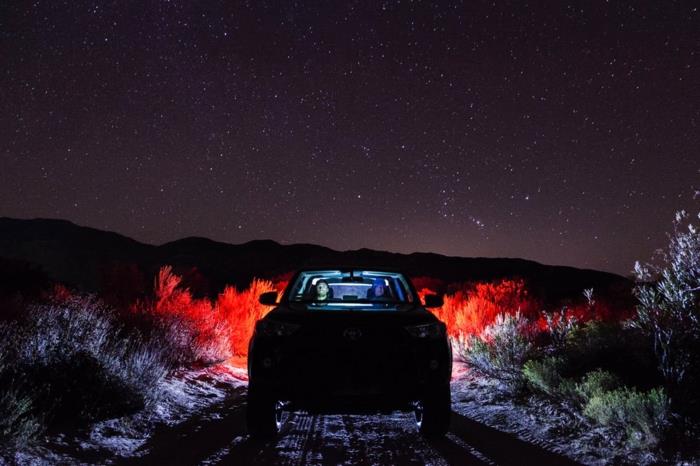 bil i Arizona -öknen mitt i natten, två personer i den och stirrade på stjärnhimlen, vegetationen upplyst i rött av bilens strålkastare