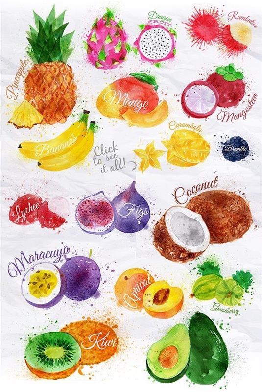 rôzne druhy ovocia, z fotografie urobte perokresbu online zadarmo, farebné kresby, biele pozadie